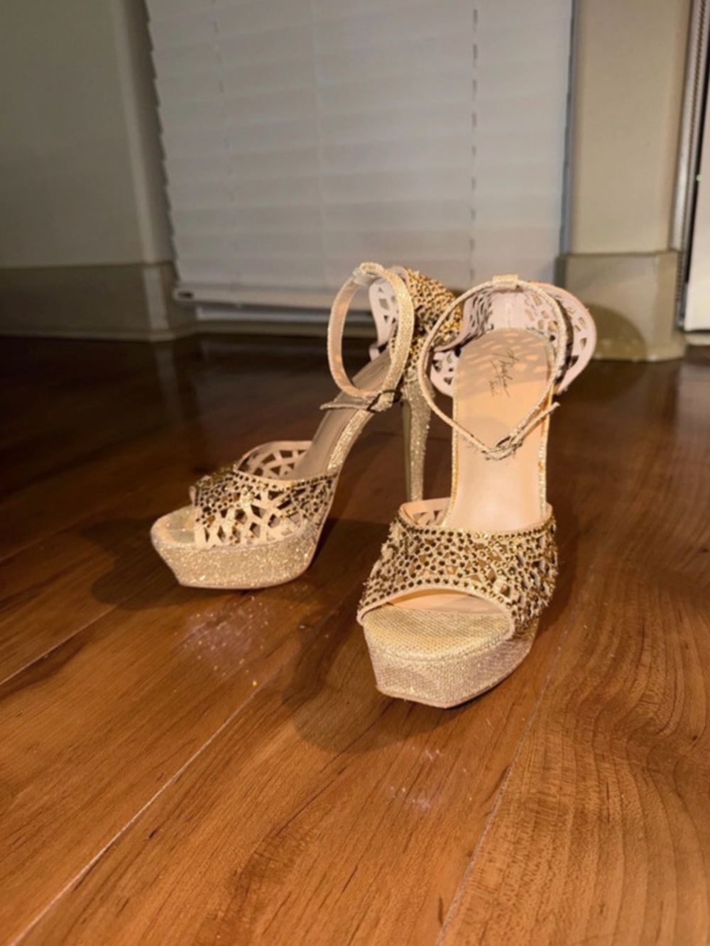 Thalia Sodi Gold Glitter Platform Heels with Rhinestone Accents